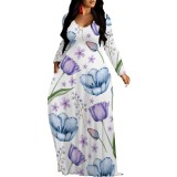 1 Piece Custom Casual Print V Neck Long Sleeve Maxi Dresses