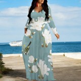 1 Piece Custom Casual Print V Neck Long Sleeve Maxi Dresses