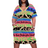 1 Piece Custom Casual Print V Neck Short Sleeve Plus Size Midi Dress