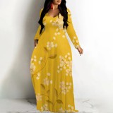 1 Piece Custom Casual Print V Neck Long Sleeve Maxi Dresses