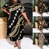 1 Piece Custom Casual Print O Neck Short Sleeve Plus Size Maxi Dress
