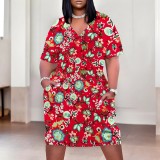 1 Piece Custom Casual Print V Neck Short Sleeve Plus Size Midi Dress