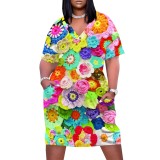 1 Piece Custom Casual Print V Neck Short Sleeve Plus Size Midi Dress