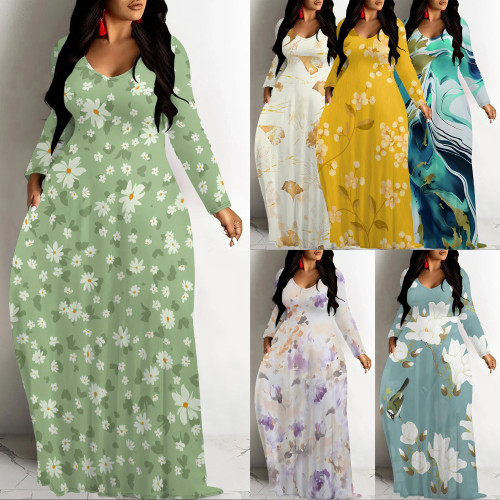 1 Piece Custom Casual Print V Neck Long Sleeve Maxi Dresses