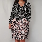 1 Piece Custom Casual Print V Neck Long Sleeve Plus Size Midi Dress