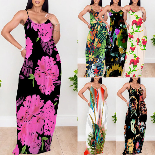Casual Digital Printing Straps V Neck Long Dresses