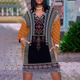 1 Piece Custom Casual Print V Neck Long Sleeve Plus Size Midi Dress