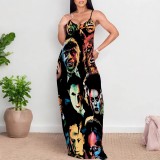 Casual Digital Printing Straps V Neck Long Dresses