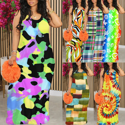 Casual Digital Printing Straps V Neck Long Dress
