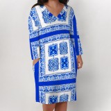 1 Piece Custom Casual Print V Neck Long Sleeve Plus Size Midi Dress