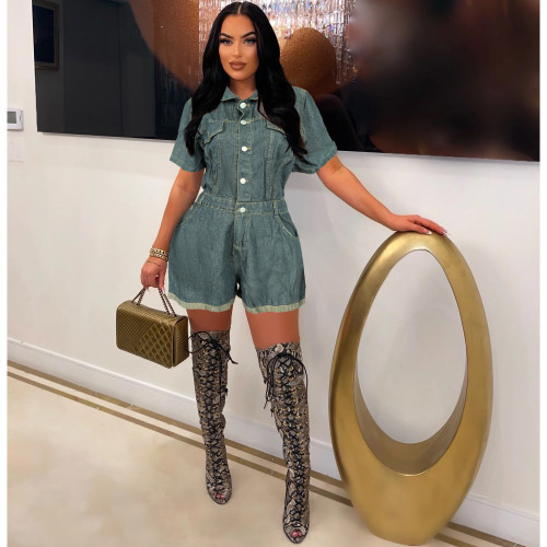 Washed Denim Lapel Single Breasted Button Up Rompers