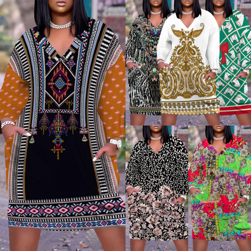 1 Piece Custom Casual Print V Neck Long Sleeve Plus Size Midi Dress