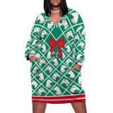 1 Piece Custom Casual Print V Neck Long Sleeve Plus Size Midi Dress