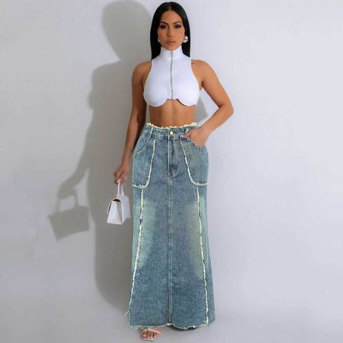Pocket Distressed Ripped Straight Loose Denim Long Skirt
