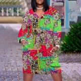 1 Piece Custom Casual Print V Neck Long Sleeve Plus Size Midi Dress