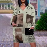 1 Piece Custom Casual Print V Neck Long Sleeve Plus Size Midi Dress
