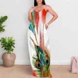 Casual Digital Printing Straps V Neck Long Dresses