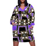 1 Piece Custom Casual Print V Neck Long Sleeve Plus Size Midi Dress