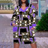 1 Piece Custom Casual Print V Neck Long Sleeve Plus Size Midi Dress