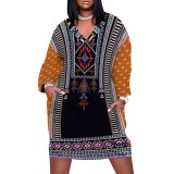 1 Piece Custom Casual Print V Neck Long Sleeve Plus Size Midi Dress