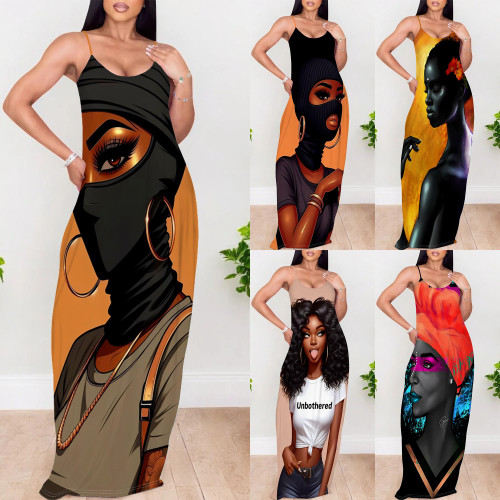 Casual Digital Printing Straps V Neck Long Dresses