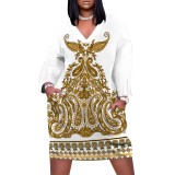 1 Piece Custom Casual Print V Neck Long Sleeve Plus Size Midi Dress