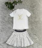 Fashion Embossed + Embroidered Short Sleeve Short Skirt Two-piece Set