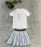 Fashion Embossed + Embroidered Short Sleeve Short Skirt Two-piece Set