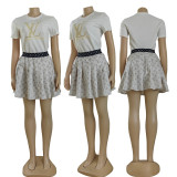 Fashion Embossed + Embroidered Short Sleeve Short Skirt Two-piece Set
