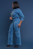 Loose Elastic Washed Long Sleeve Workwear Denim Jumpsuit