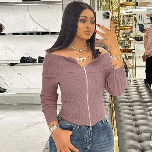 Solid Color Off Shoulder Zip-up Sexy Slim Top