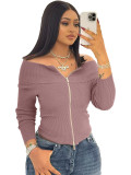 Solid Color Off Shoulder Zip-up Sexy Slim Top