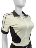 Women Color Block Zipper Crop Sweatshirt Short Bodycon Set