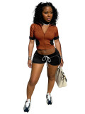 Women Color Block Zipper Crop Sweatshirt Short Bodycon Set