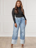 Solid Washed Rue Wide Cuffed Straight Jeans