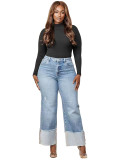 Solid Washed Rue Wide Cuffed Straight Jeans