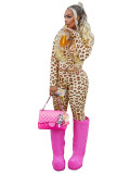 Hot Girl Leopard Print Long Sleeve Hooded Two-Piece Suit