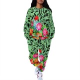 1 Piece Custom Casual Print Pockets O Neck Sweatshirt Pant Set