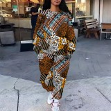 1 Piece Custom Casual Print Pockets O Neck Sweatshirt Pant Set