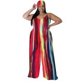 1 Piece Custom Casual Print V Neck Straps Wide Leg Jumpsuits with Headscarf
