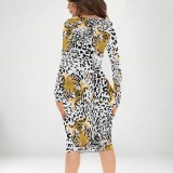 1 Piece Custom Casual Print V Neck Long Sleeve Midi Dress