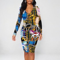1 Piece Custom Casual Print V Neck Long Sleeve Midi Dress