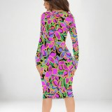 1 Piece Custom Casual Print V Neck Long Sleeve Midi Dress