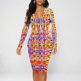 1 Piece Custom Casual Print V Neck Long Sleeve Midi Dress