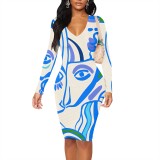 1 Piece Custom Casual Print V Neck Long Sleeve Midi Dress