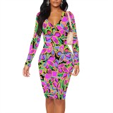 1 Piece Custom Casual Print V Neck Long Sleeve Midi Dress