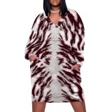 1 Piece Custom Casual Print V Neck Long Sleeve Plus Size Midi Dress