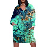 1 Piece Custom Casual Print V Neck Long Sleeve Plus Size Midi Dress