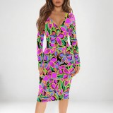 1 Piece Custom Casual Print V Neck Long Sleeve Midi Dress