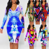 1 Piece Custom Casual Print V Neck Long Sleeve Midi Dress